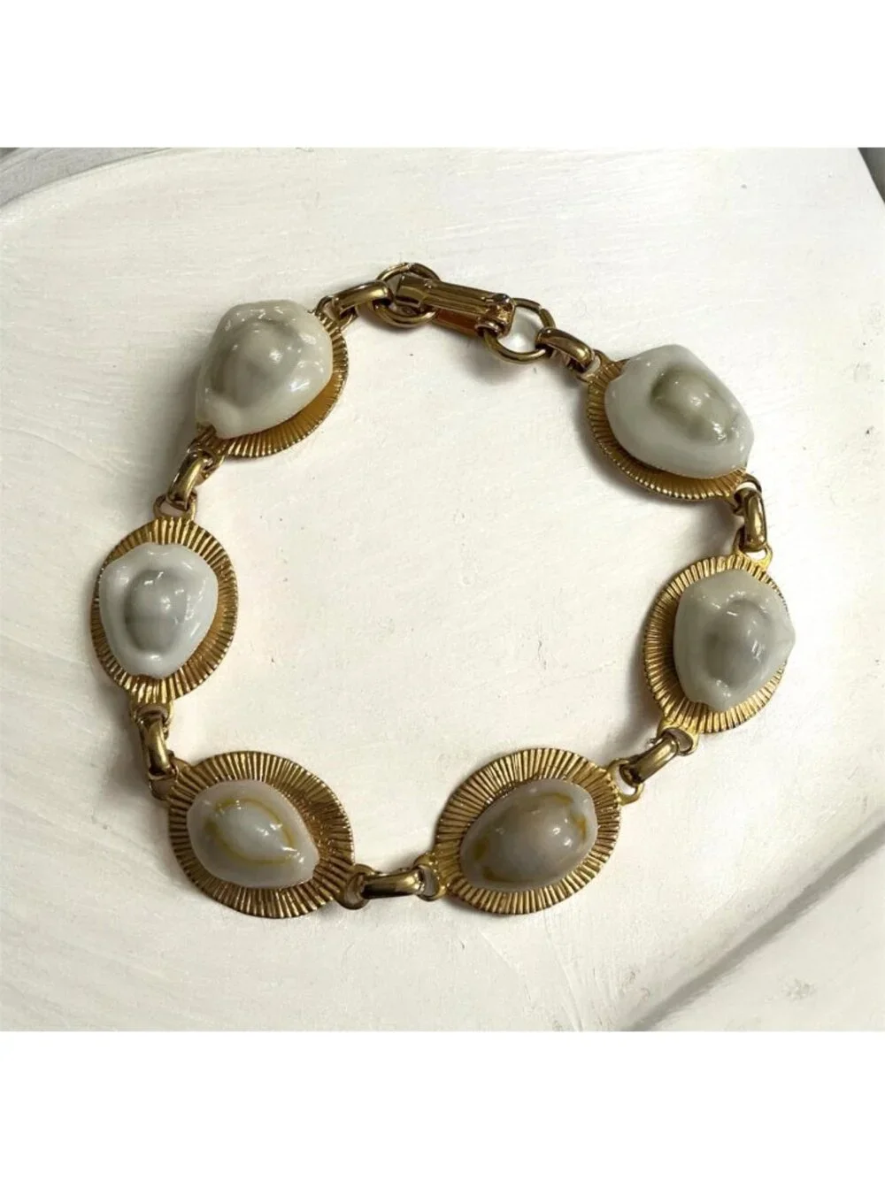 Vintage Gold-Tone Bold Statement Bracelet With White Sculpted Cabochans